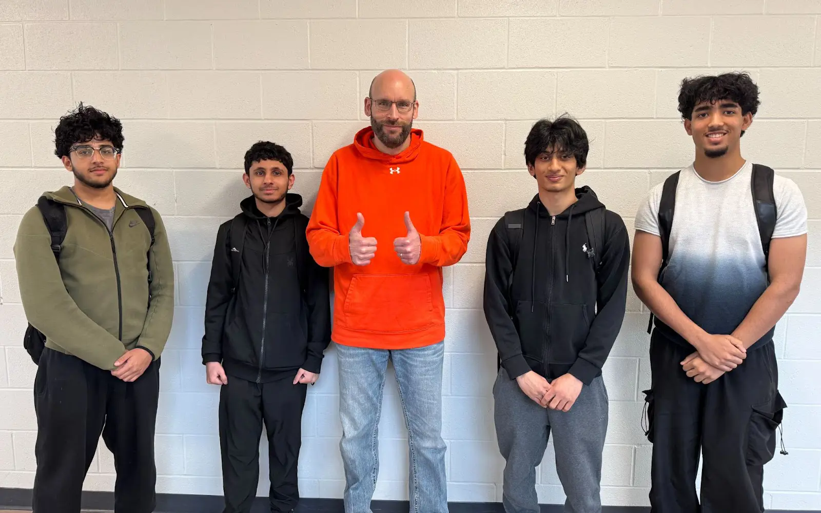 Hamdan Khurram, Haroon Shah, Principal Mark Duley, Abdul Mutaal Farhan and Hassan Rasheed, gold medal winners of the Skills Ontario Junk Drawer Air Pressure Rocket Challenge
