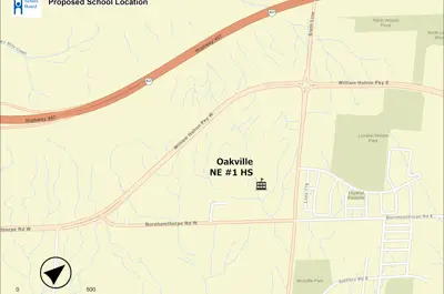 a map of Halton that is zoomed in to show a specific school in Oakville, Ontario.