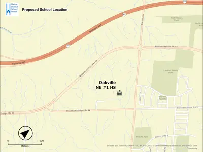 a map of Halton that is zoomed in to show a specific school in Oakville, Ontario.