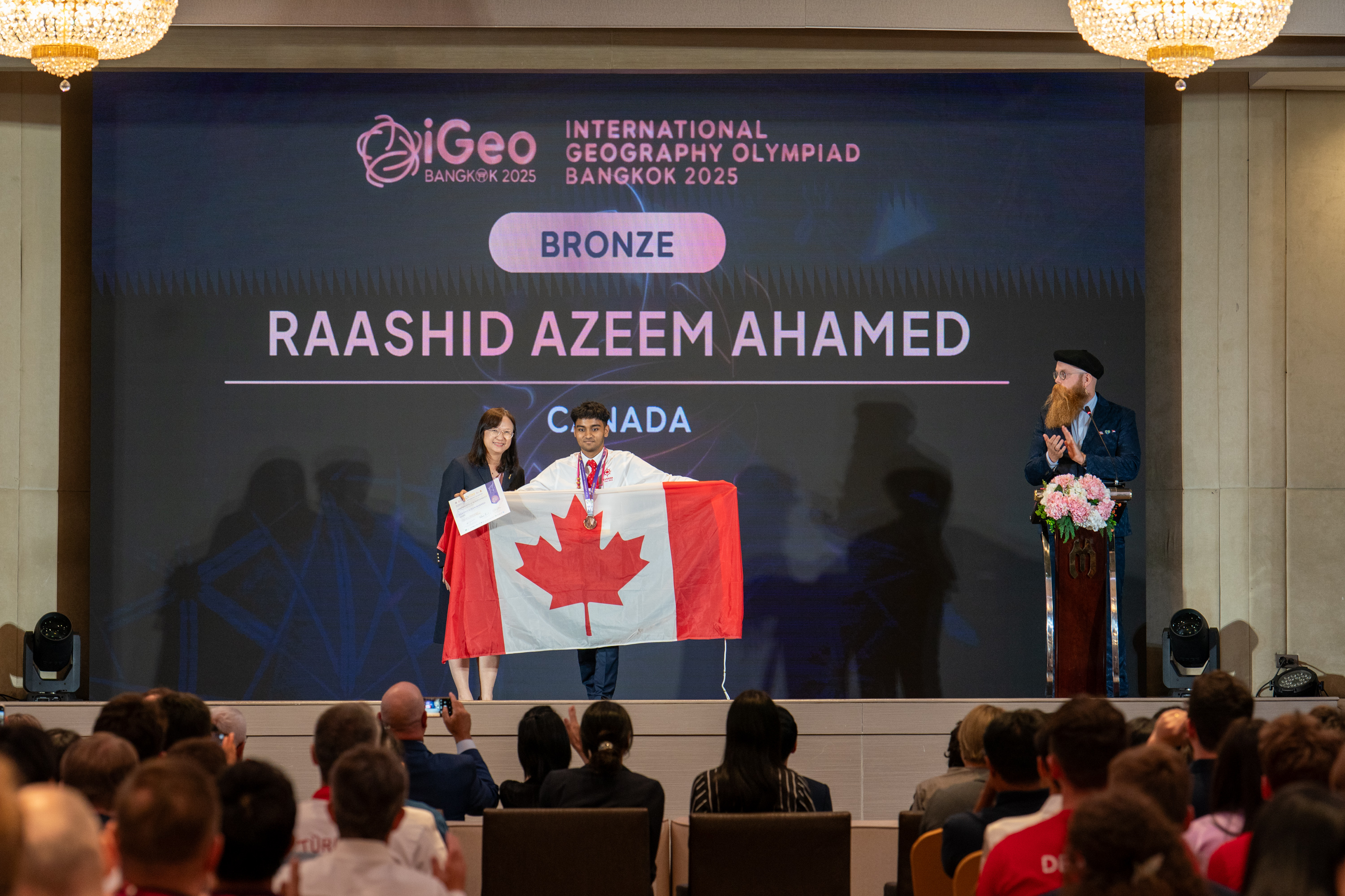 Raashid Azeem Ahamed receiving bronze medal award at the International Geography Olympiad 2025
