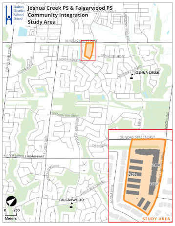 Map showing the Joshua Creek PS and Falgarwood PS Community Integration study area, highlighted south of Dundas Street East in Oakville, with an inset showing the study area boundary in greater detail