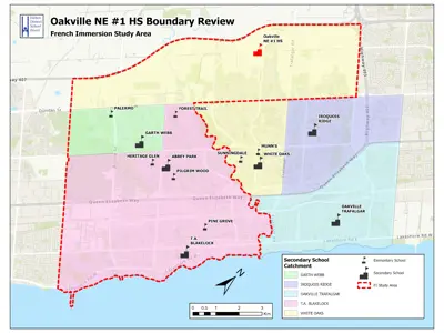 Map of the Oakville NE #1 French Immersion boundary review area showing colour-coded secondary school catchments within a red dashed study boundary along Lake Ontario