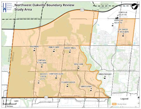 Map of the Northwest Oakville Boundary Review study area showing neighbourhoods and nearby schools within the highlighted review area.