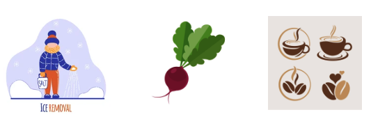 icons of person in snow and radish and coffee