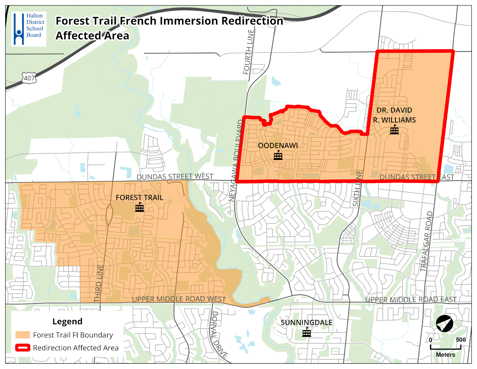 Map showing the Forest Trail French Immersion boundary and the redirection area highlighted in northeast Oakville.