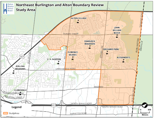 Map showing the Northeast Burlington and Alton Boundary Review Study Area, highlighted in northeast Burlington around Alton Village and Orchard Park.
