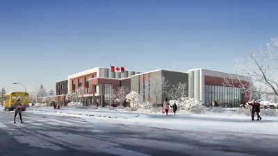 Concept rendering of Cedar Ridge Public School, a modern two-storey school building in winter with snow-covered trees, a Canadian flag and families arriving at the main entrance.