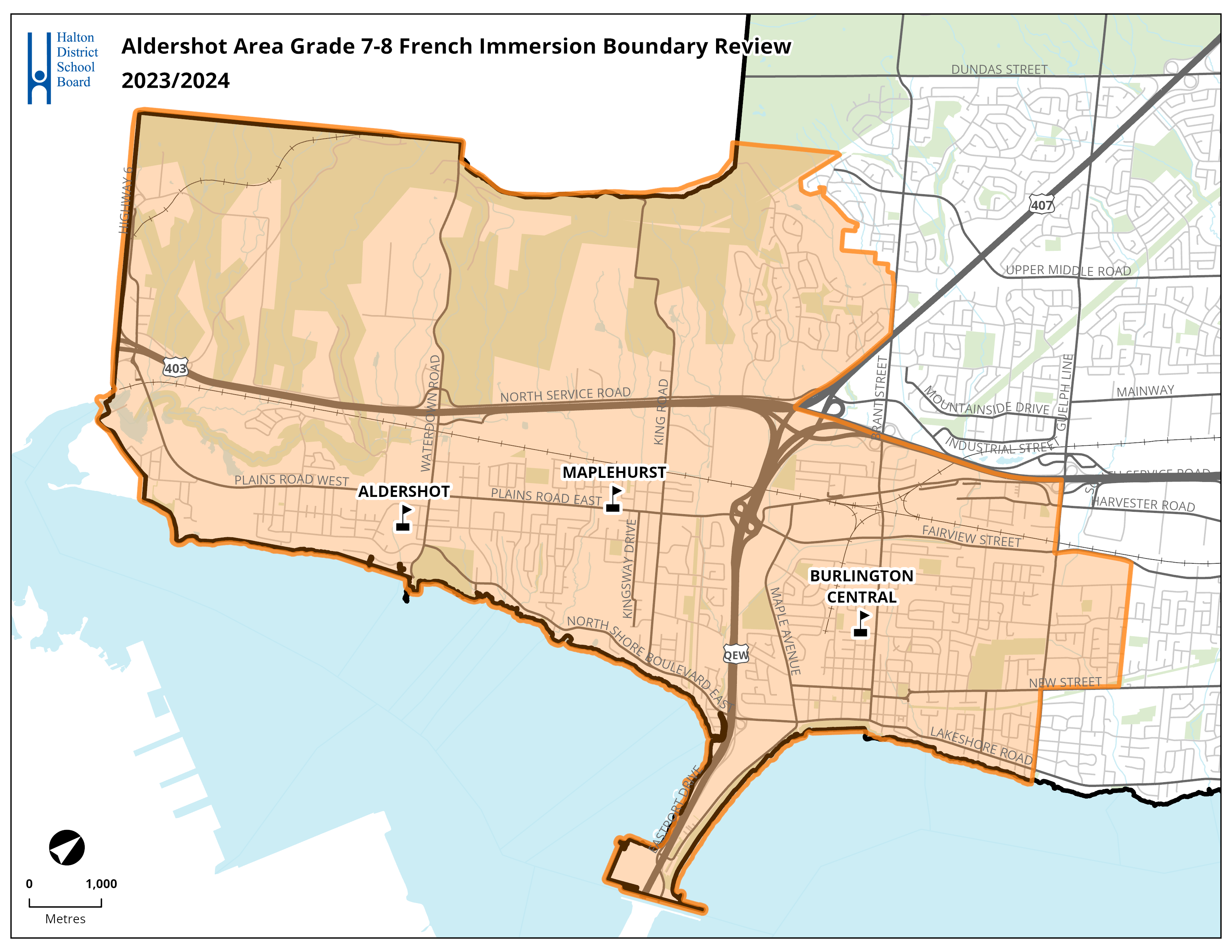 Image of map highlighting Aldershot Area Grade 7-8 Immersion Boundary Review