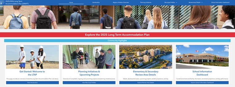 Homepage for the 2025/2026 Long Term Accommodation Plan featuring students walking near a school and four navigation sections for introductions, planning initiatives, review areas, and school information.