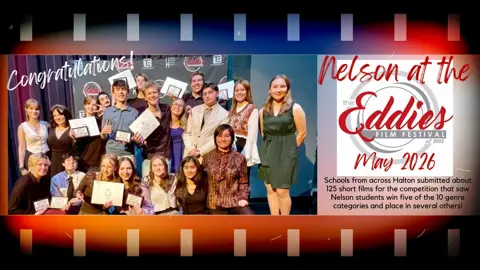 Nelson students gather with their awards at the Eddies Film Festival - a festival exclusively for HDSB students.