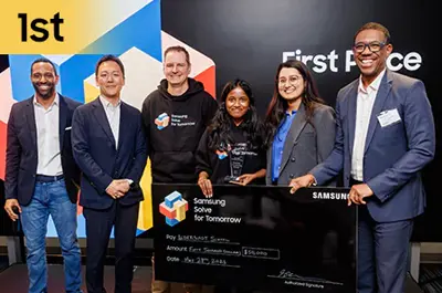 six people posting together with a large black check. There is an icon of "number one" in the top left hand corner. 