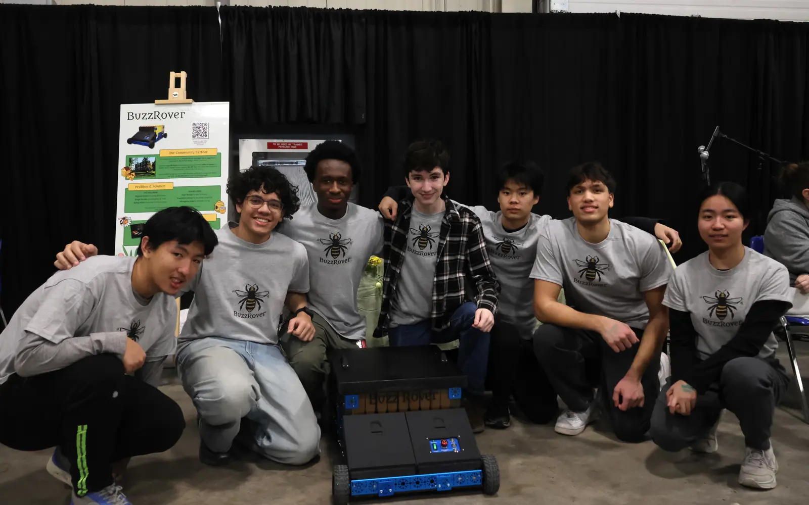 Duke Liu, Ruvan Sidrake, Lusako Mwakatobe, Jamie Peacock, Bora Chen, Khelan Tailor and Sutong Zhang, Abbey Park High School students, with their award-winning BuzzRover project at the AgRobotics Ontario Challenge