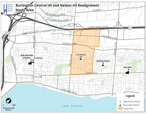 Map showing the Burlington Central HS and Nelson HS Realignment Study Area, highlighted between Guelph Line and Walker’s Line in Burlington.