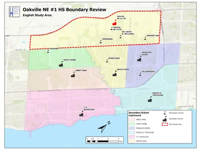 Map of the Oakville NE #1 English Study Area showing colour-coded secondary school catchments within a red dashed boundary along Lake Ontario.