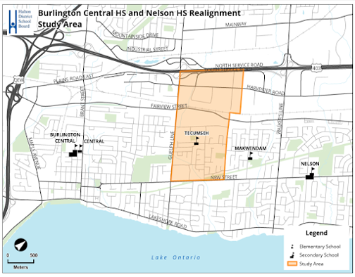 Map showing the Burlington Central HS and Nelson HS realignment study area, highlighted in orange between the two schools in Burlington.