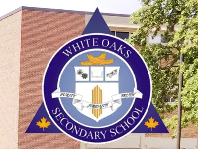 a school crest overlapping an image of a tress in front of a building. 